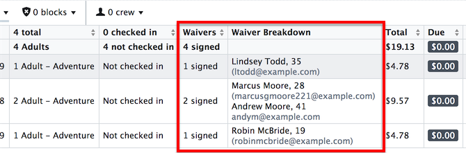 Waiver column options in the manifest